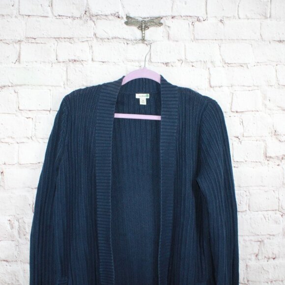 LL Bean Womens Navy Blue Open Front Ribbed Cardigan Sweater Size M Shaker Stitch - Picture 2 of 9